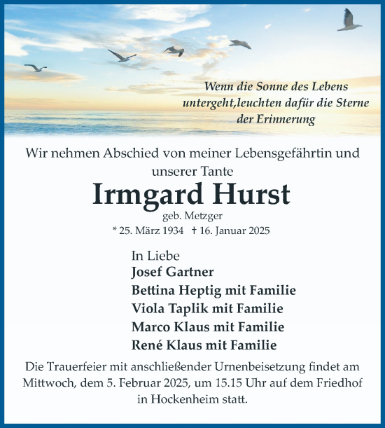 Traueranzeige von Irmgard Hurst von Schwetzinger Zeitung