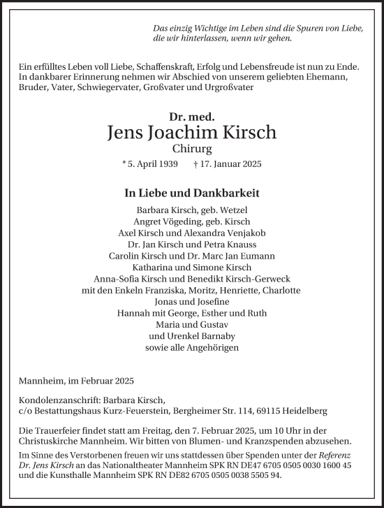 Traueranzeige von Jens Joachim Kirsch von Mannheimer Morgen