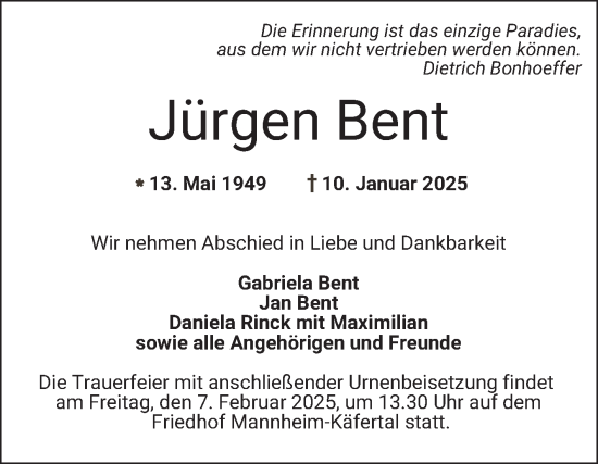 Traueranzeige von Jürgen Bent von Mannheimer Morgen