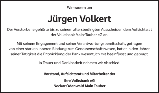 Traueranzeige von Jürgen Volkert von Fränkische Nachrichten