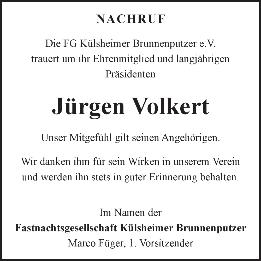  Traueranzeige für Jürgen Volkert vom 01.02.2025 aus Fränkische Nachrichten
