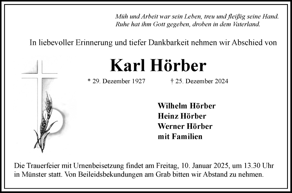  Traueranzeige für Karl Hörber vom 08.01.2025 aus Fränkische Nachrichten