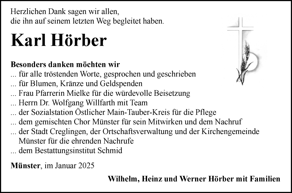  Traueranzeige für Karl Hörber vom 24.01.2025 aus Fränkische Nachrichten