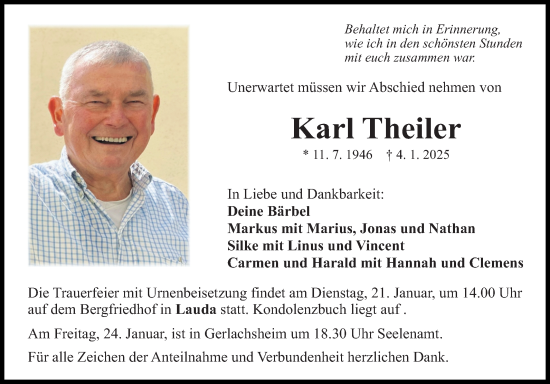 Traueranzeige von Karl Theiler von Fränkische Nachrichten