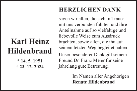 Traueranzeige von Karl Heinz Hildenbrand von Fränkische Nachrichten