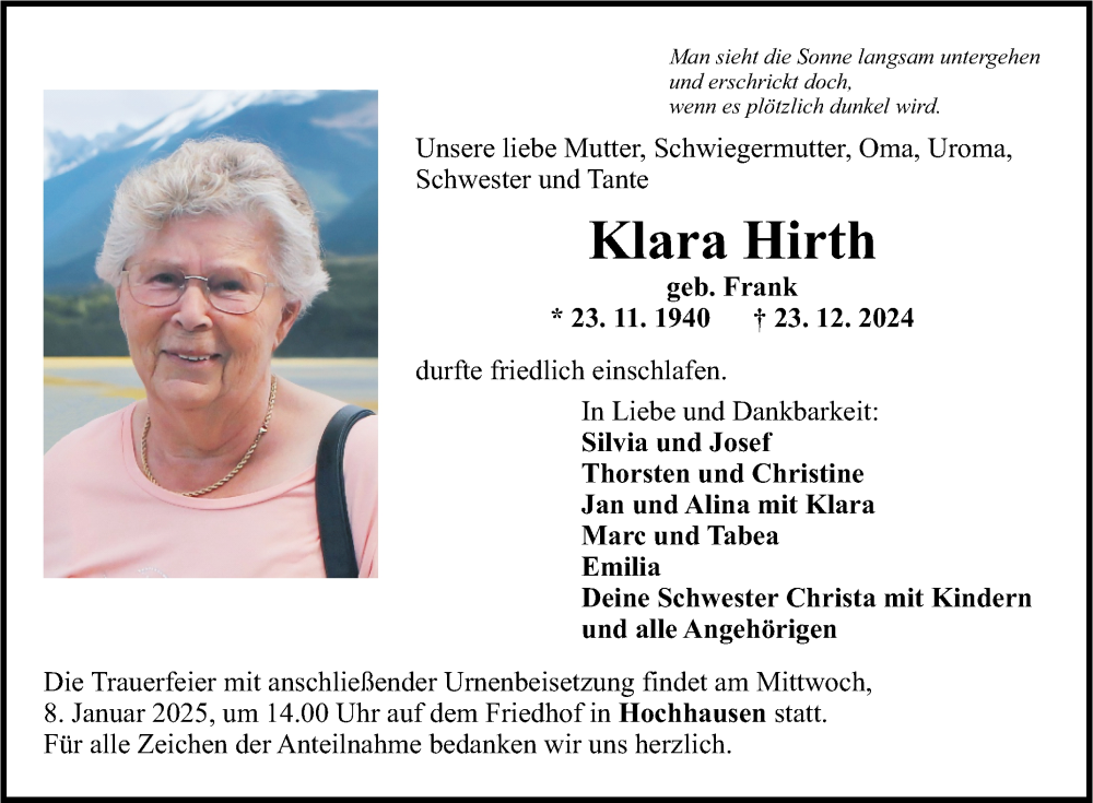  Traueranzeige für Klara Hirth vom 04.01.2025 aus Fränkische Nachrichten