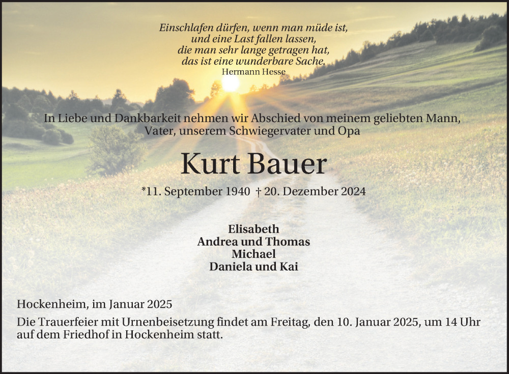  Traueranzeige für Kurt Bauer vom 04.01.2025 aus Schwetzinger Zeitung