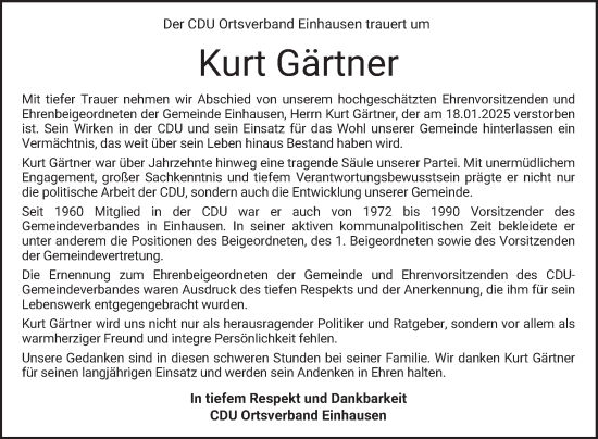 Traueranzeige von Kurt Gärtner von Bergsträßer Anzeiger