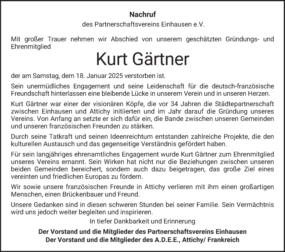 Traueranzeige für Kurt Gärtner vom 25.01.2025 aus Bergsträßer Anzeiger