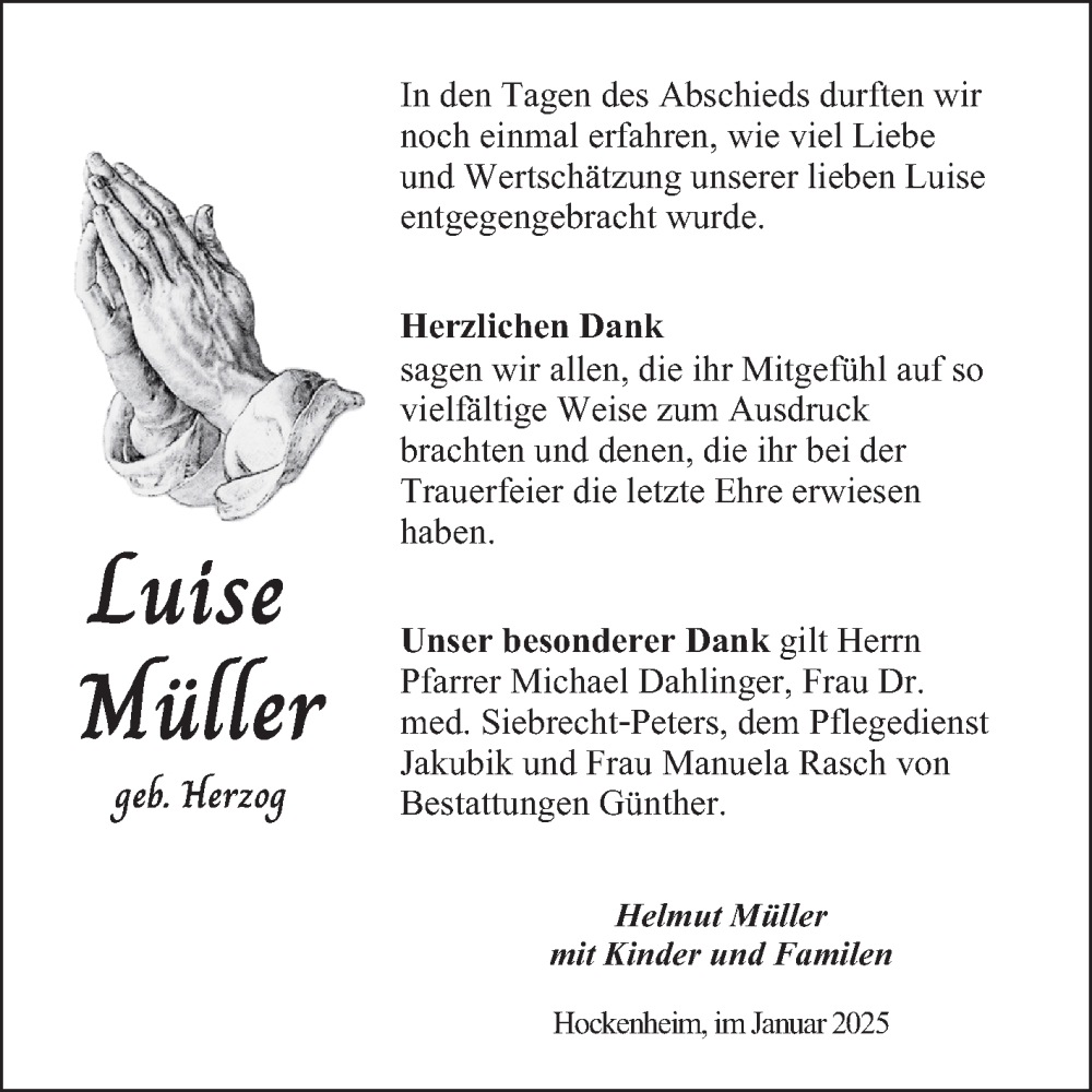  Traueranzeige für Luise Müller vom 11.01.2025 aus Schwetzinger Zeitung
