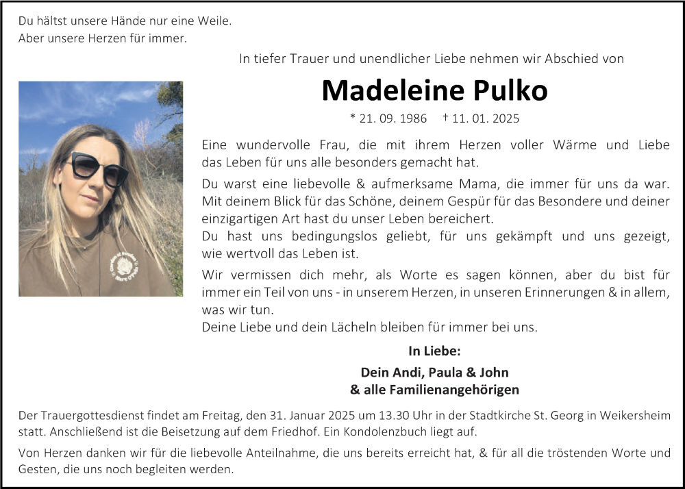  Traueranzeige für Madeleine Pulko vom 24.01.2025 aus Fränkische Nachrichten