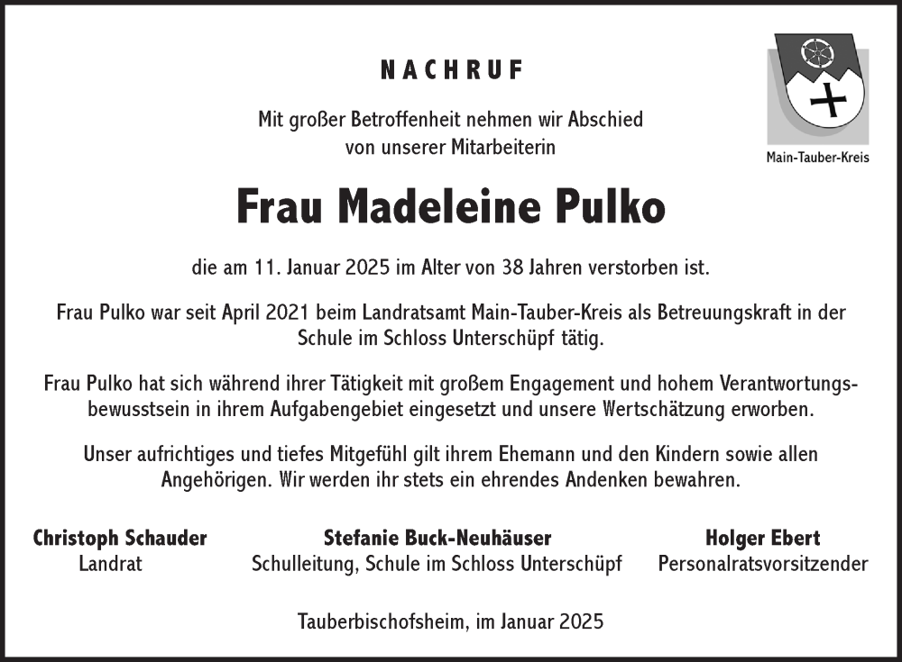  Traueranzeige für Madeleine Pulko vom 24.01.2025 aus Fränkische Nachrichten