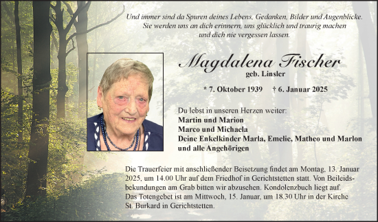 Traueranzeige von Magdalena Fischer von Fränkische Nachrichten