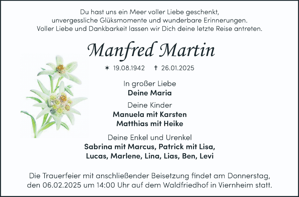  Traueranzeige für Manfred Martin vom 01.02.2025 aus Mannheimer Morgen