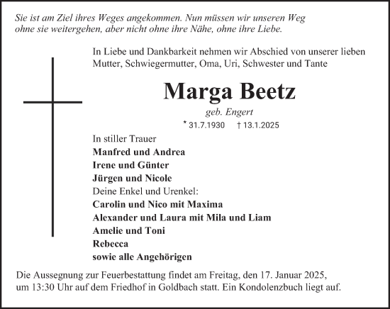 Traueranzeige von Marga Beetz von Fränkische Nachrichten