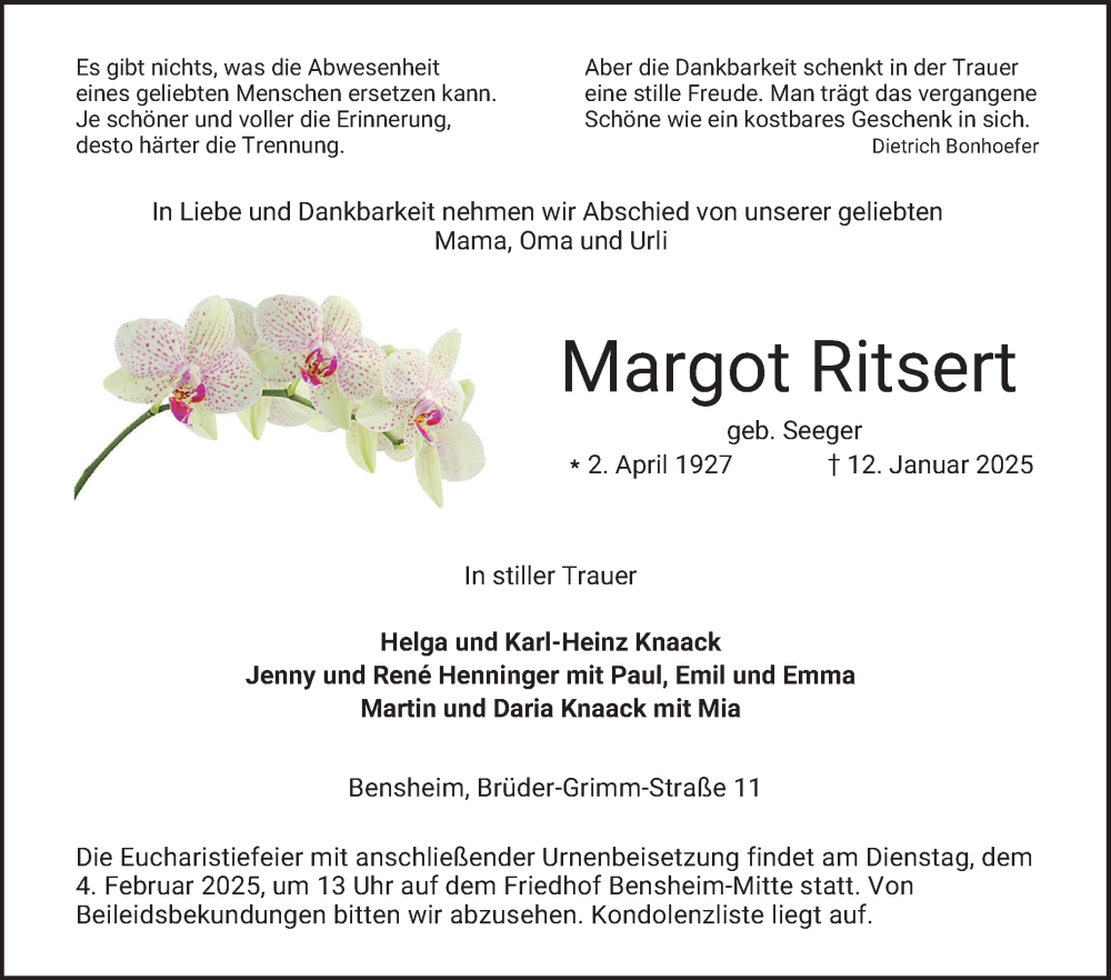  Traueranzeige für Margot Ritsert vom 01.02.2025 aus Bergsträßer Anzeiger