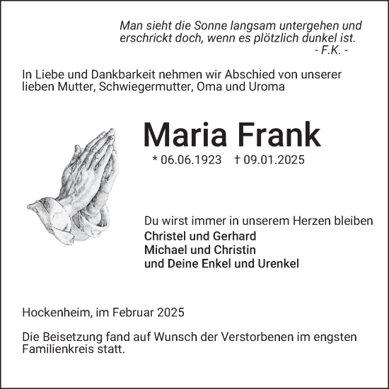 Traueranzeige von Maria Frank von Schwetzinger Zeitung