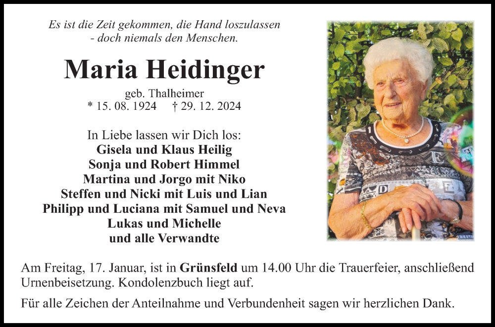  Traueranzeige für Maria Heidinger vom 11.01.2025 aus Fränkische Nachrichten