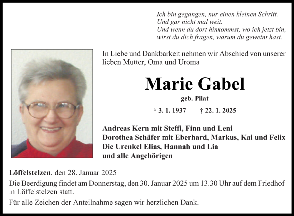  Traueranzeige für Marie Gabel vom 28.01.2025 aus Fränkische Nachrichten
