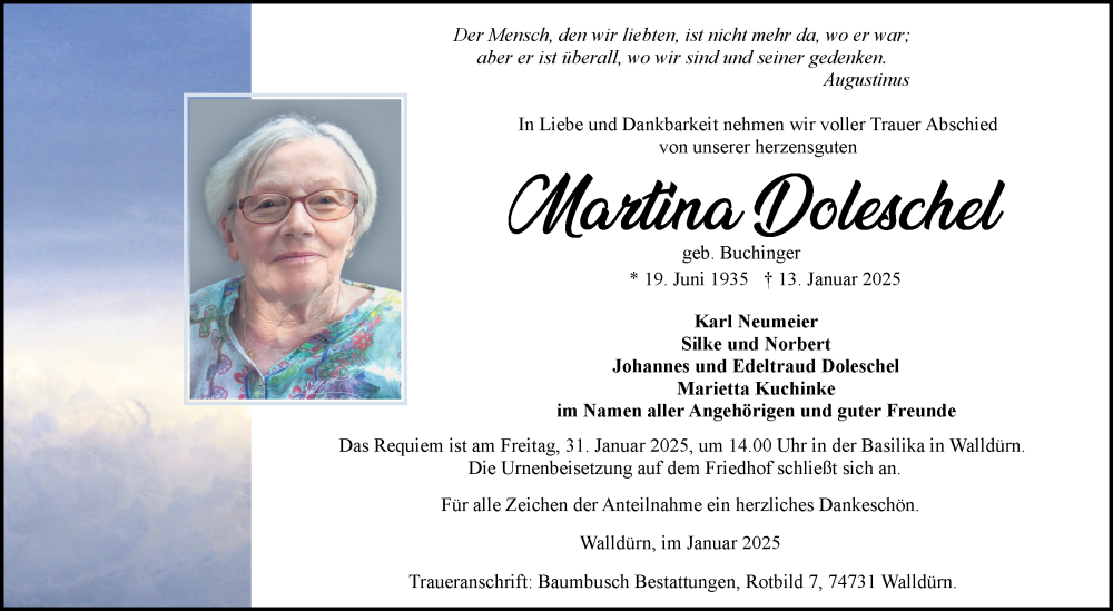 Traueranzeige für Martina Doleschel vom 23.01.2025 aus Fränkische Nachrichten