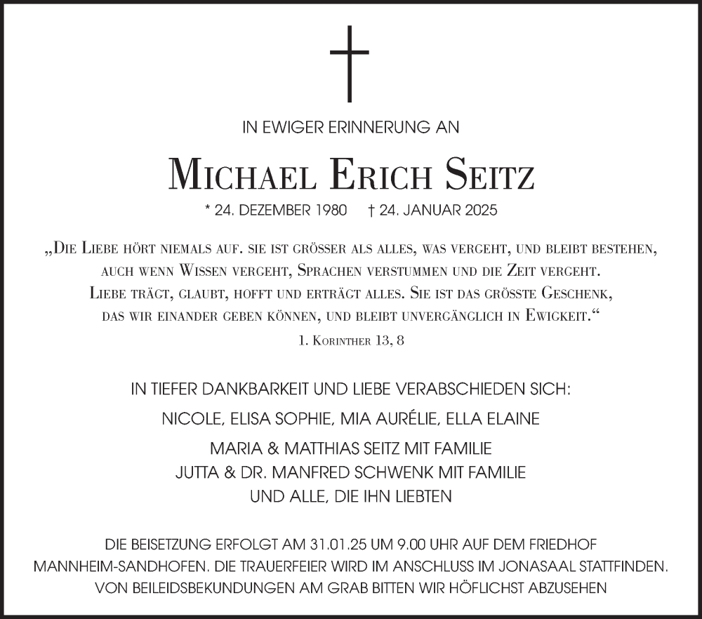  Traueranzeige für Michael Erich Seitz vom 29.01.2025 aus Fränkische Nachrichten