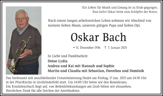 Traueranzeige von Oskar Bach von Fränkische Nachrichten