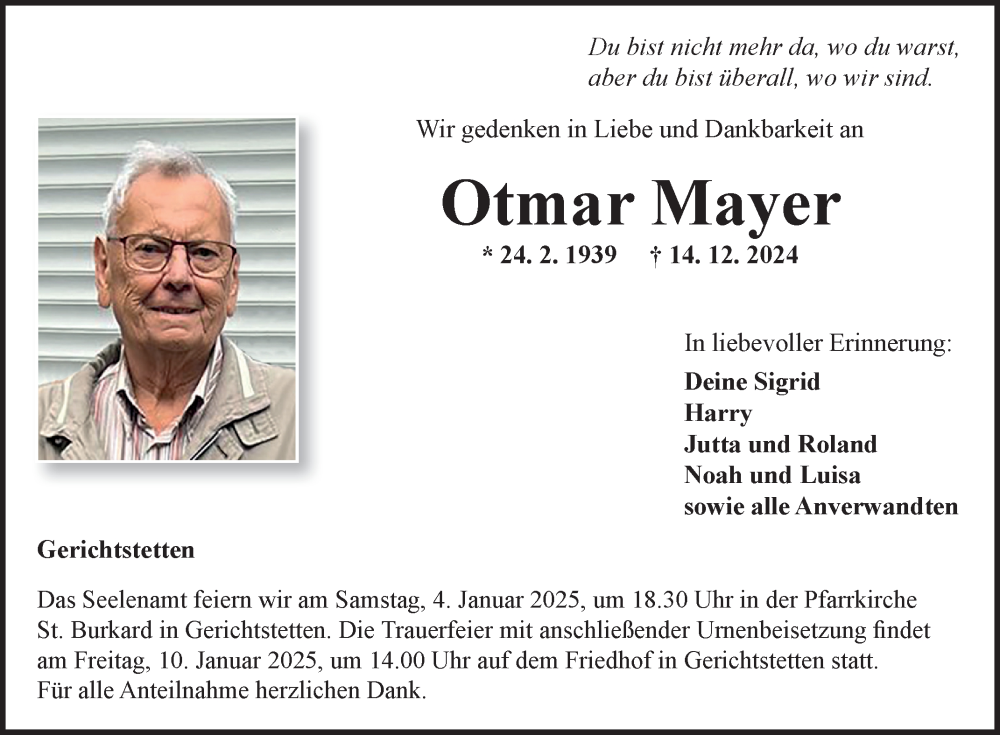  Traueranzeige für Otmar Mayer vom 03.01.2025 aus Fränkische Nachrichten
