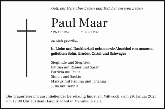 Traueranzeige von Paul Maar von Mannheimer Morgen
