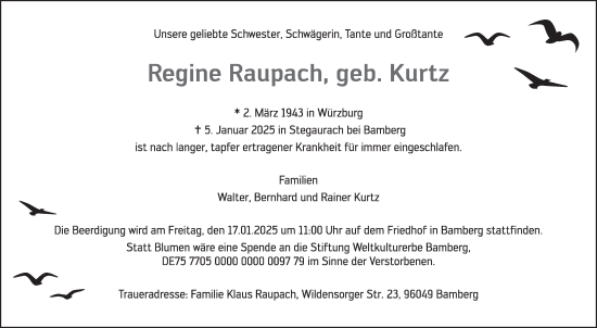 Traueranzeige von Regine Raupach von Fränkische Nachrichten