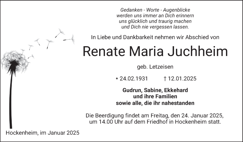  Traueranzeige für Renate Maria Juchheim vom 18.01.2025 aus Schwetzinger Zeitung