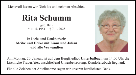 Traueranzeige von Rita Schumm von Fränkische Nachrichten