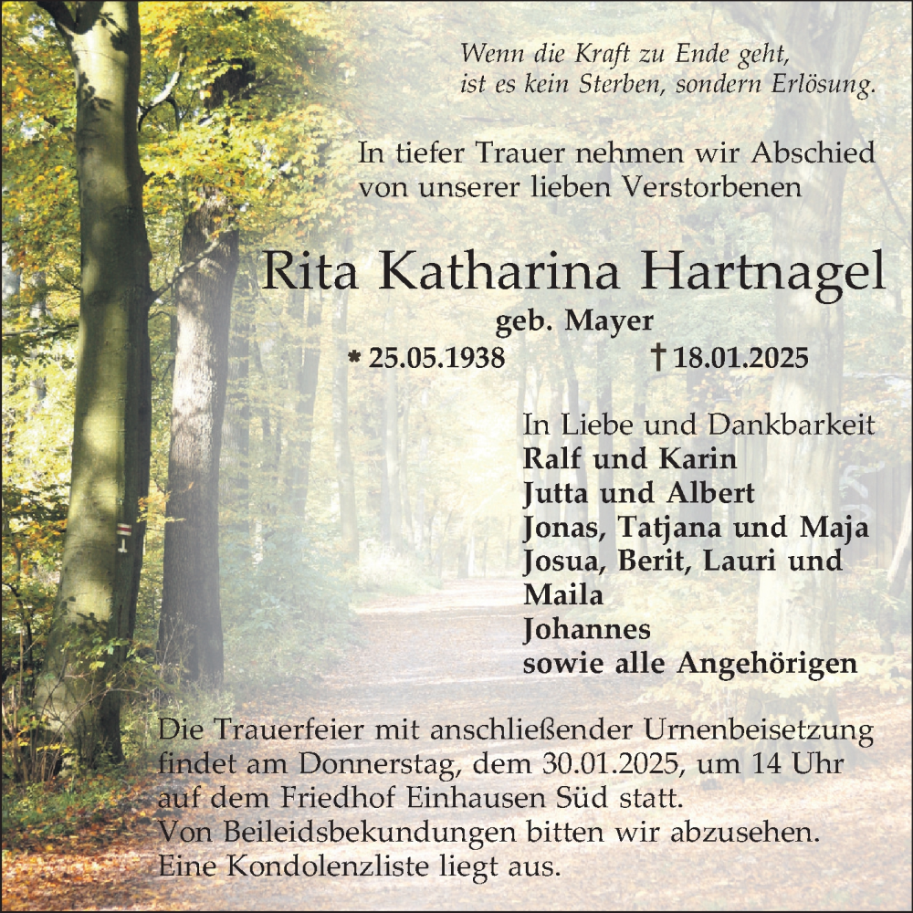  Traueranzeige für Rita Katharina Hartnagel vom 25.01.2025 aus Bergsträßer Anzeiger