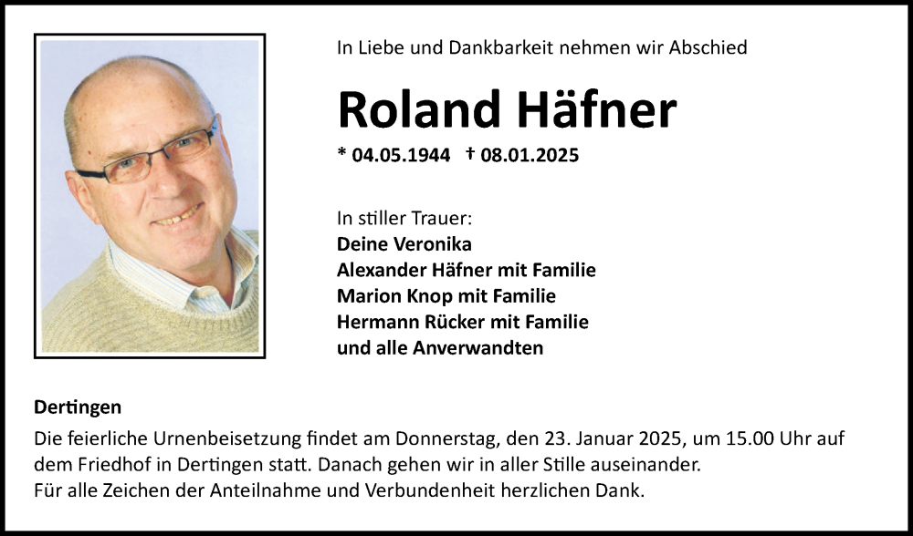  Traueranzeige für Roland Häfner vom 18.01.2025 aus Fränkische Nachrichten