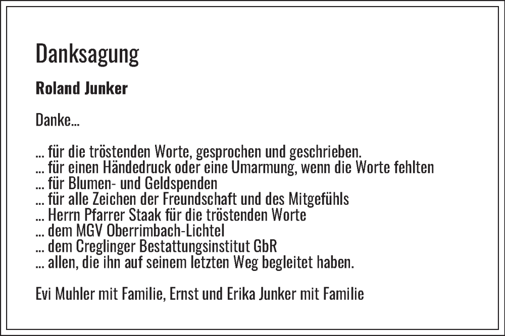 Traueranzeige für Roland Junker vom 18.01.2025 aus Fränkische Nachrichten
