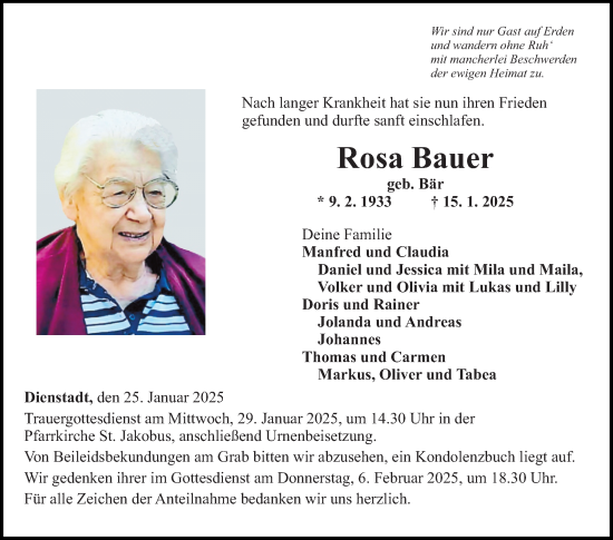 Traueranzeige von Rosa Bauer von Fränkische Nachrichten