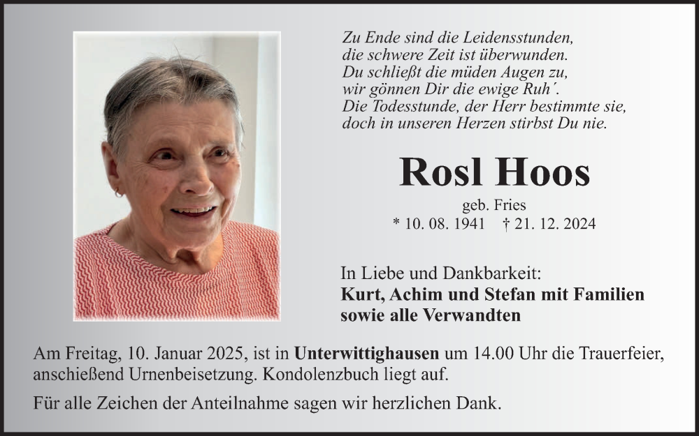  Traueranzeige für Rosl Hoos vom 04.01.2025 aus Fränkische Nachrichten