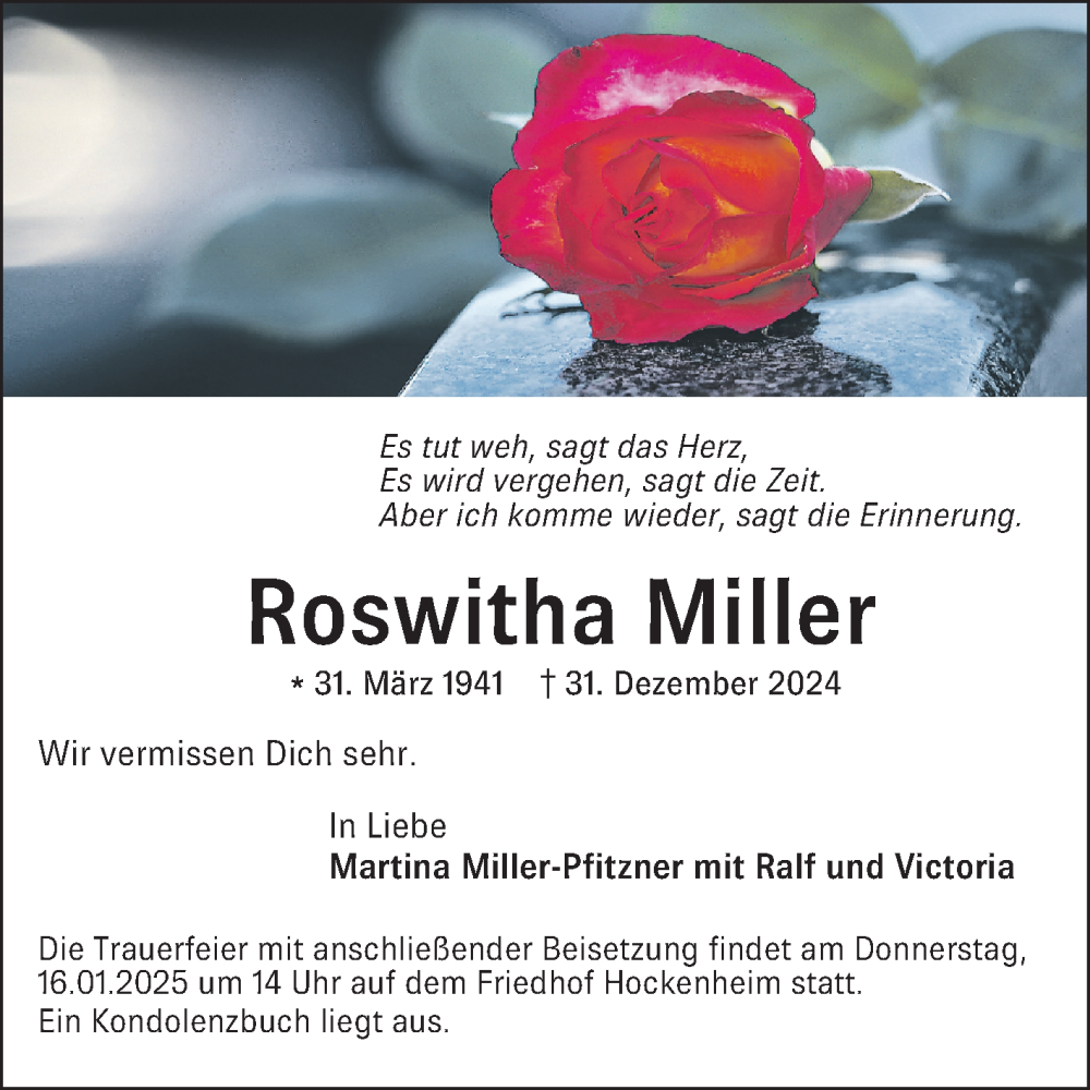  Traueranzeige für Roswitha Miller vom 11.01.2025 aus Schwetzinger Zeitung