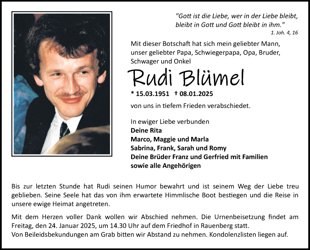  Traueranzeige für Rudi Blümel vom 18.01.2025 aus Fränkische Nachrichten