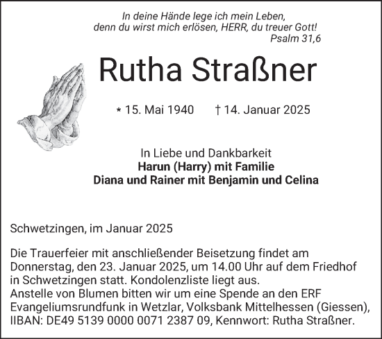 Traueranzeige von Rutha Straßner von Schwetzinger Zeitung