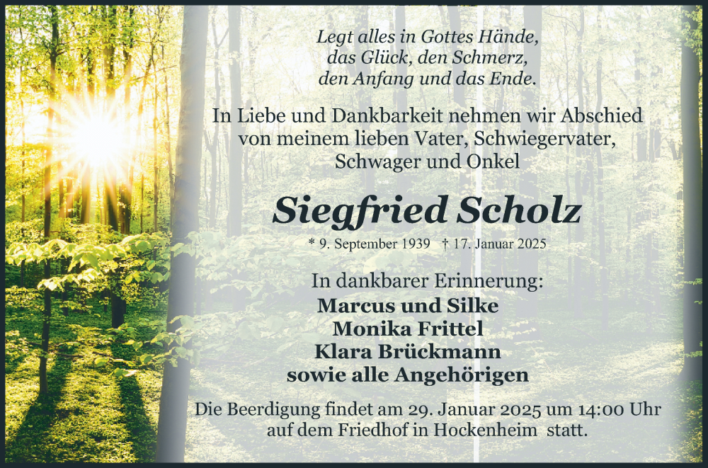  Traueranzeige für Siegfried Scholz vom 25.01.2025 aus Schwetzinger Zeitung