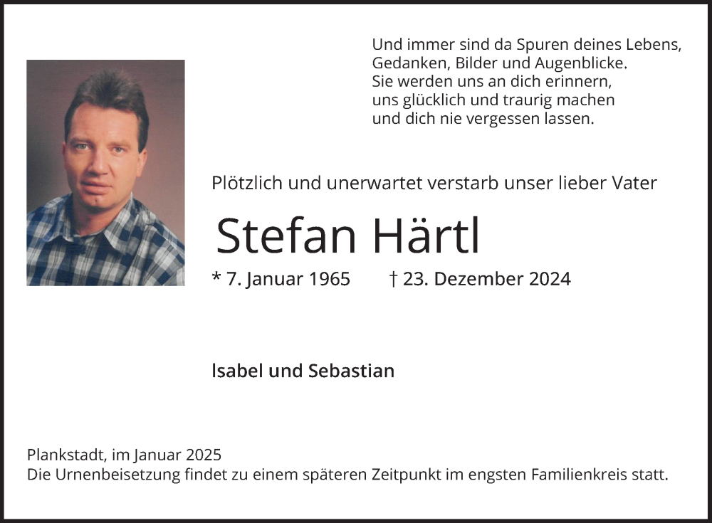  Traueranzeige für Stefan Härtl vom 04.01.2025 aus Schwetzinger Zeitung