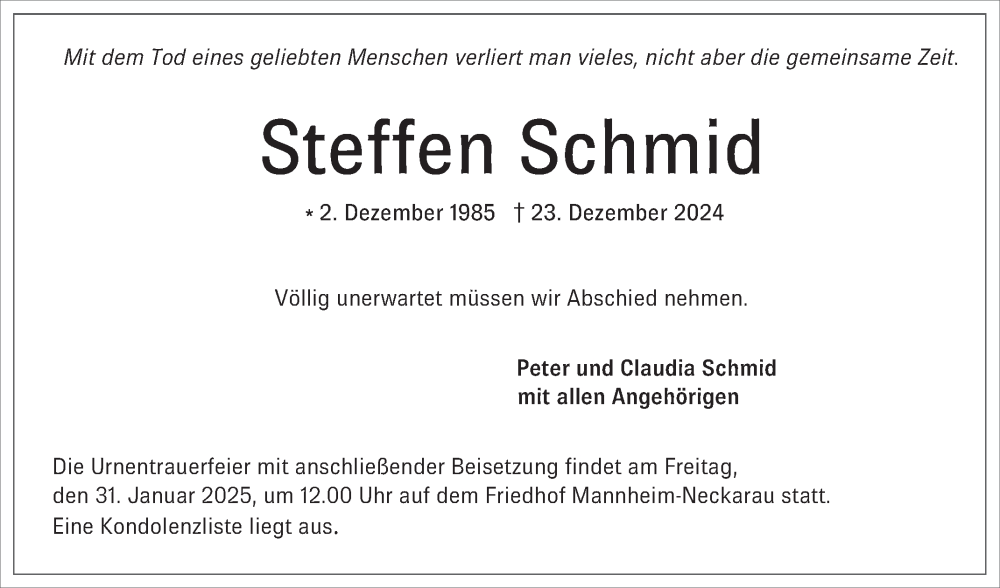  Traueranzeige für Steffen Schmid vom 18.01.2025 aus Mannheimer Morgen