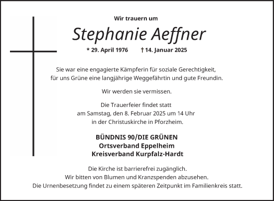Traueranzeige von Stephanie Aeffner von Schwetzinger Zeitung