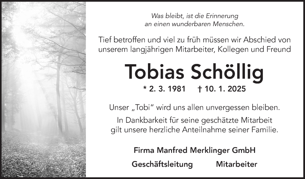  Traueranzeige für Tobias Schöllig vom 18.01.2025 aus Fränkische Nachrichten