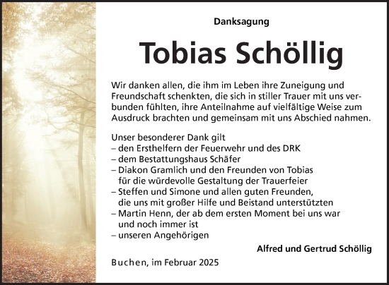 Traueranzeige von Tobias Schöllig von Fränkische Nachrichten