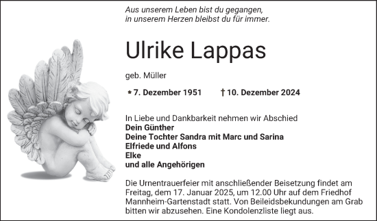 Traueranzeige von Ulrike Lappas von Mannheimer Morgen