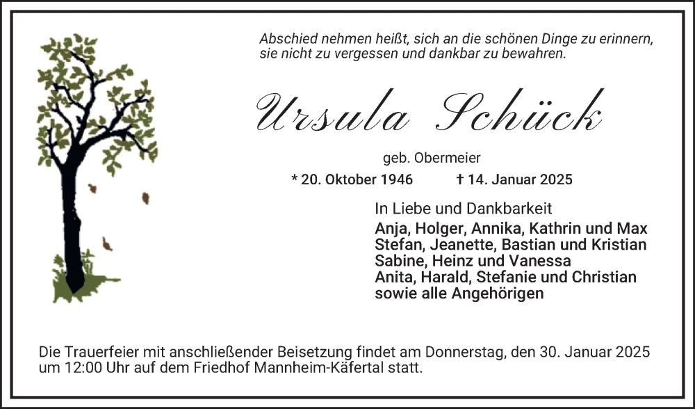  Traueranzeige für Ursula Schück vom 25.01.2025 aus Mannheimer Morgen