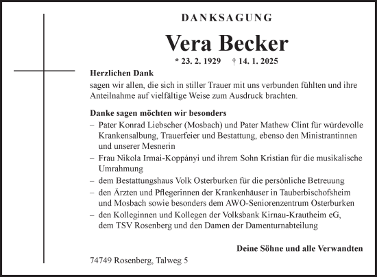 Traueranzeige von Vera Becker von Fränkische Nachrichten