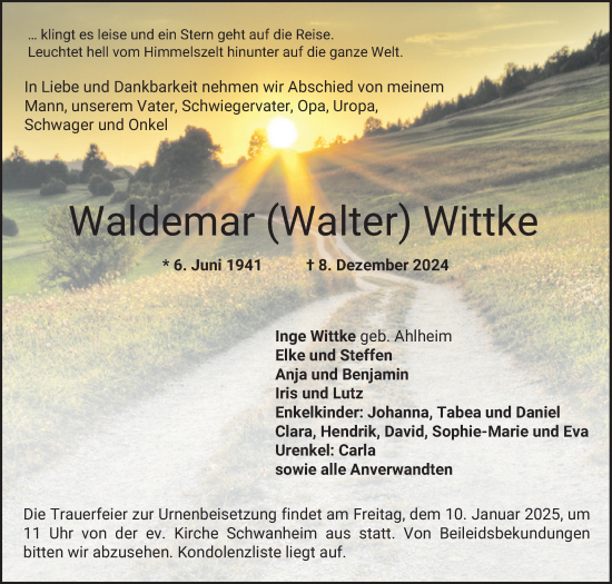 Traueranzeige von Waldemar Wittke von Bergsträßer Anzeiger