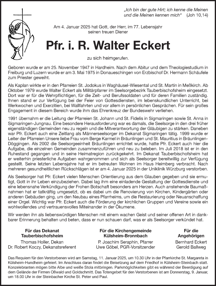  Traueranzeige für Walter Eckert vom 09.01.2025 aus Fränkische Nachrichten